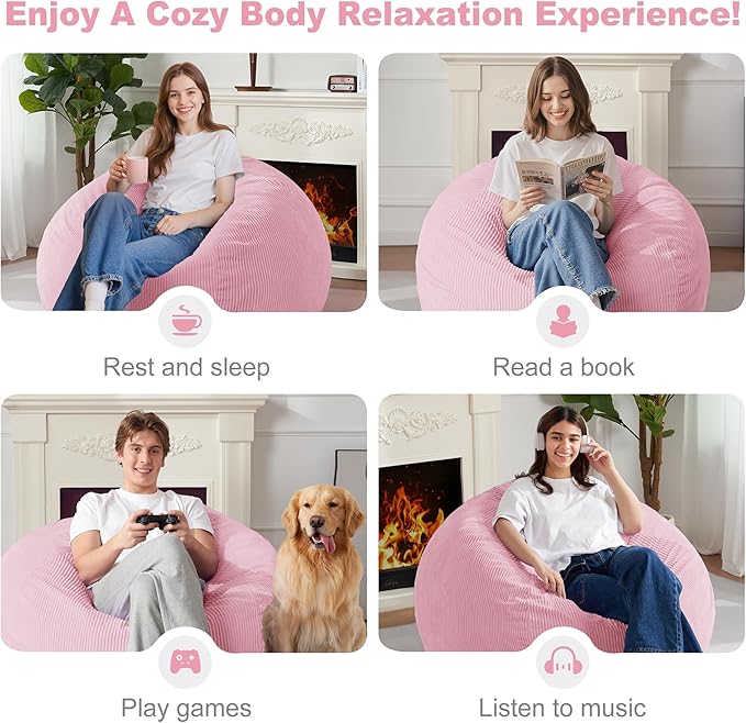 Homguava 3.5FT Bean Bag Chair: Teardrop Bean Bags with Memory Foam Filled, Compact Beanbag Chairs Soft Sofa with Corduroy Cover (Light Pink)