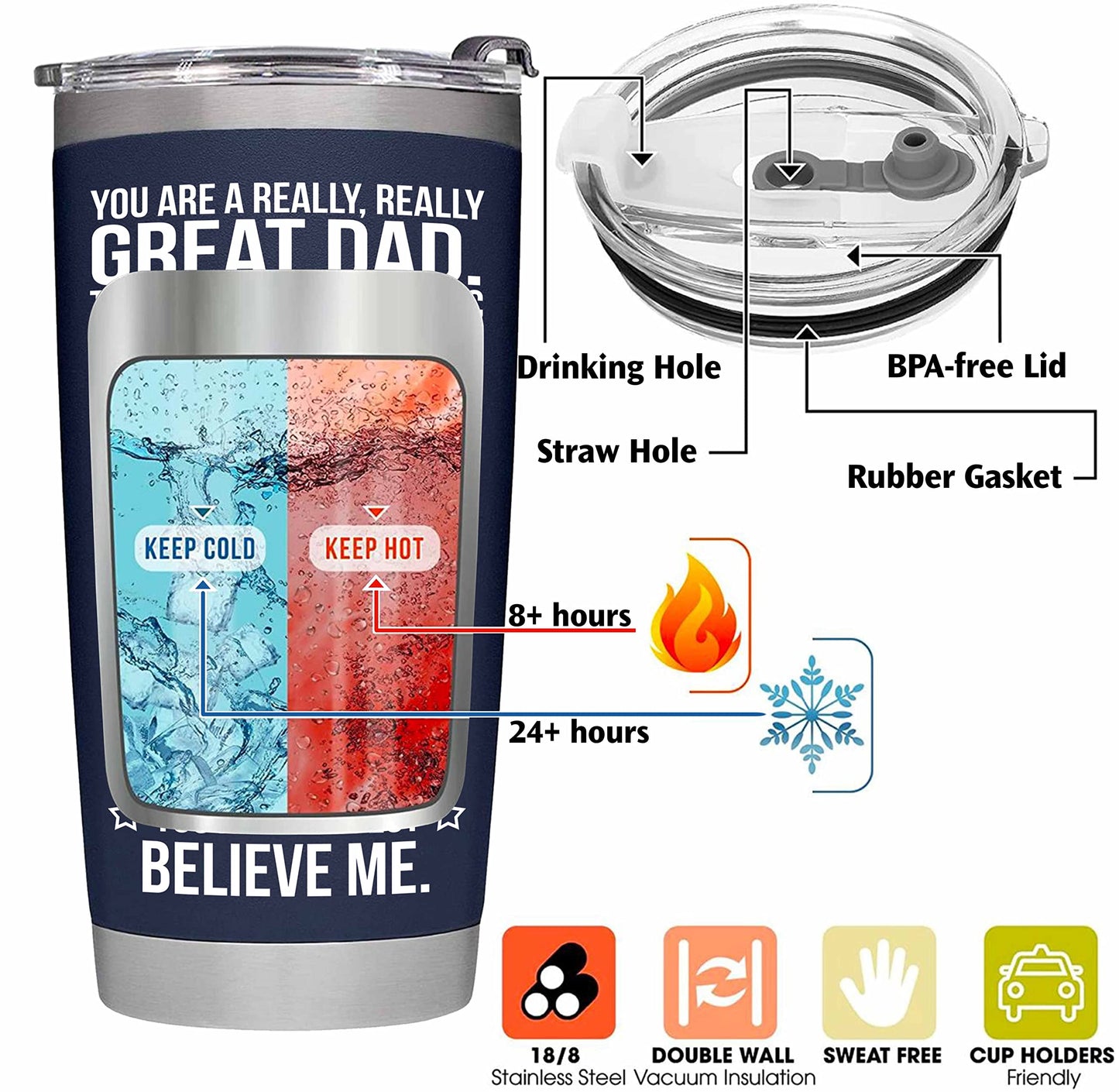 BETHEGIFT Gifts for Dad from Daughter, Son, Kids on Fathers Day, Christmas - Funny Fathers Day Tumbler - Present for Father - Dad Birthday Tumbler 20oz, Navy Insulated Stainless Steel
