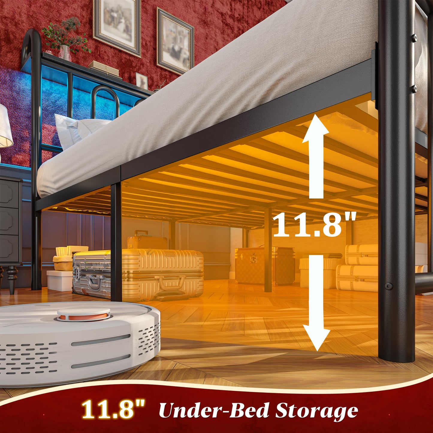 Homkdom Queen Bed Frame Metal Platform Bed Frame/Victorian Headboard and Footboard/LED Light/Sturdy Mattress Foundation with Under Bed Storage/No Box Spring Needed/Noise-Free/Easy Assembly, Black