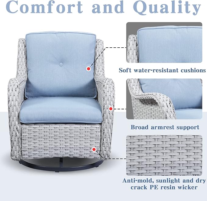 Belord Wicker Outdoor Furniture Patio Furniture Set - 6 Piece Patio Conversation Set with Swivel Rocker Chairs, Loveseat Sofa, Ottomans and Coffee Table, Baby Blue Cushion