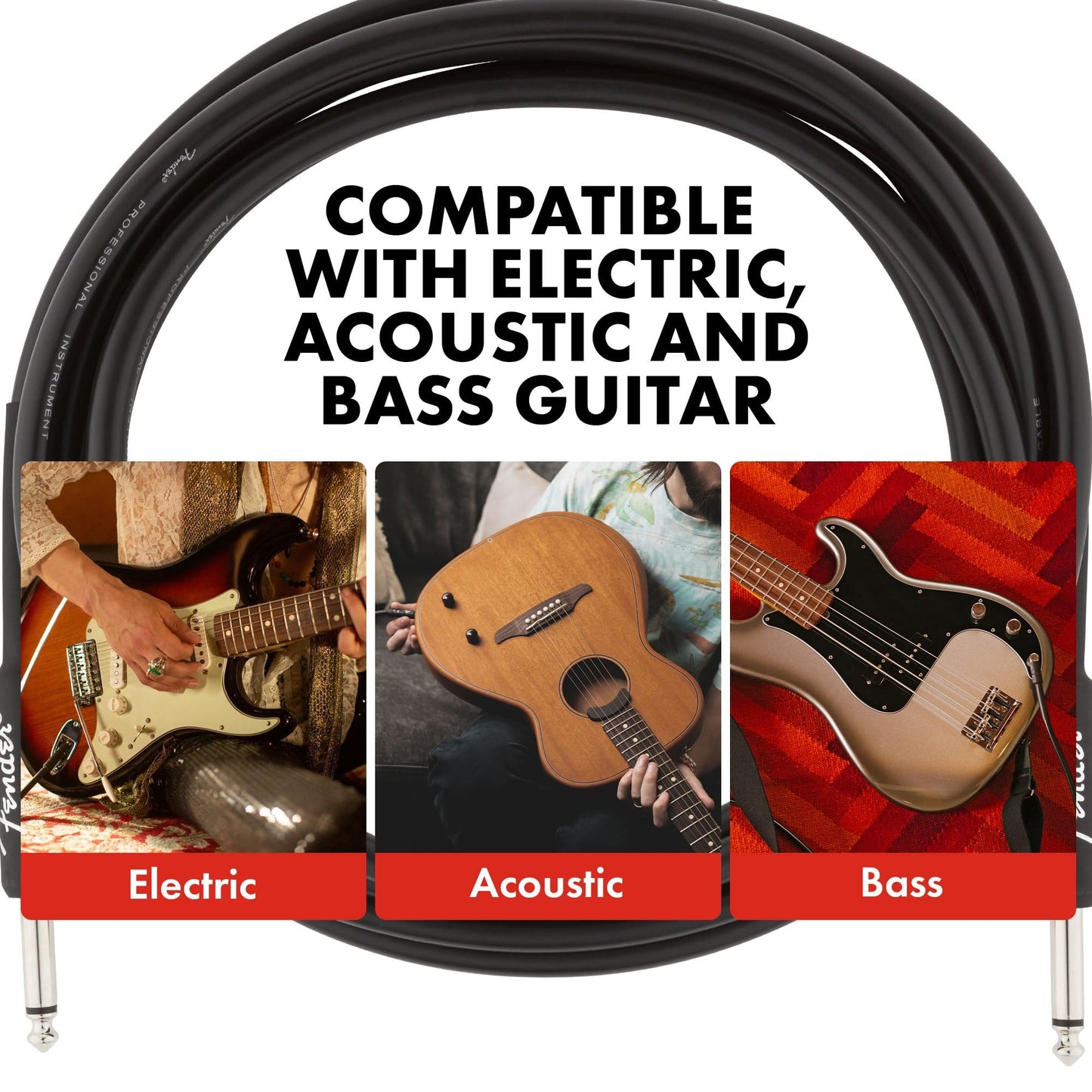 Fender Professional Series Instrument Cable, Guitar Cable, Guitar Accessories, Straight/Angle, Black, 10Ft