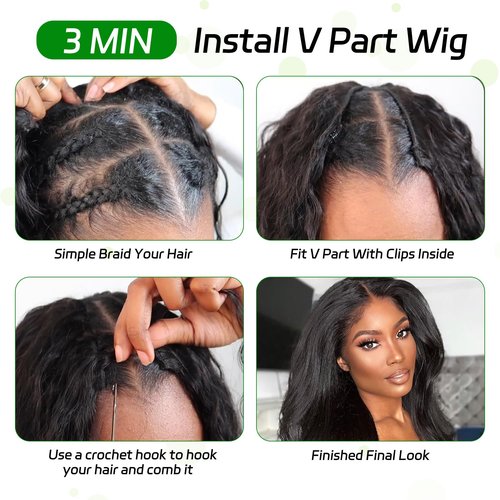 V Part Wig Human Hair Kinky Straight Wig Human Hair For Women Glueless Yaki Straight Half Wigs For Black Women Full Head Clips In No Leave Out Natural Color 150% Density 20 Inch