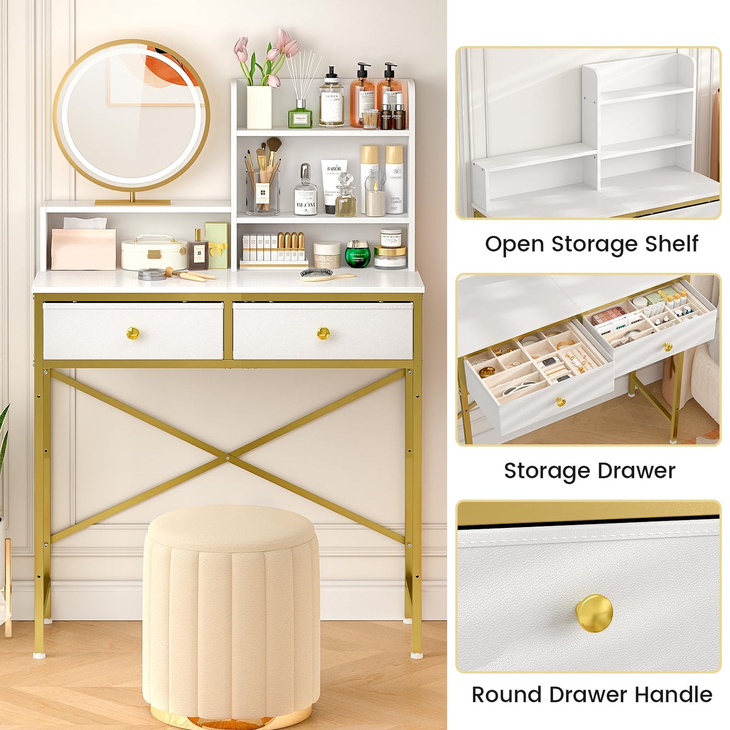 Makeup Vanity Desk No Mirror for Bedroom, Vanity Table Set with 2 Drawer and Open Storage Shelves, Small Vanity for Small Spaces, White and Gold, 31.5in(L)