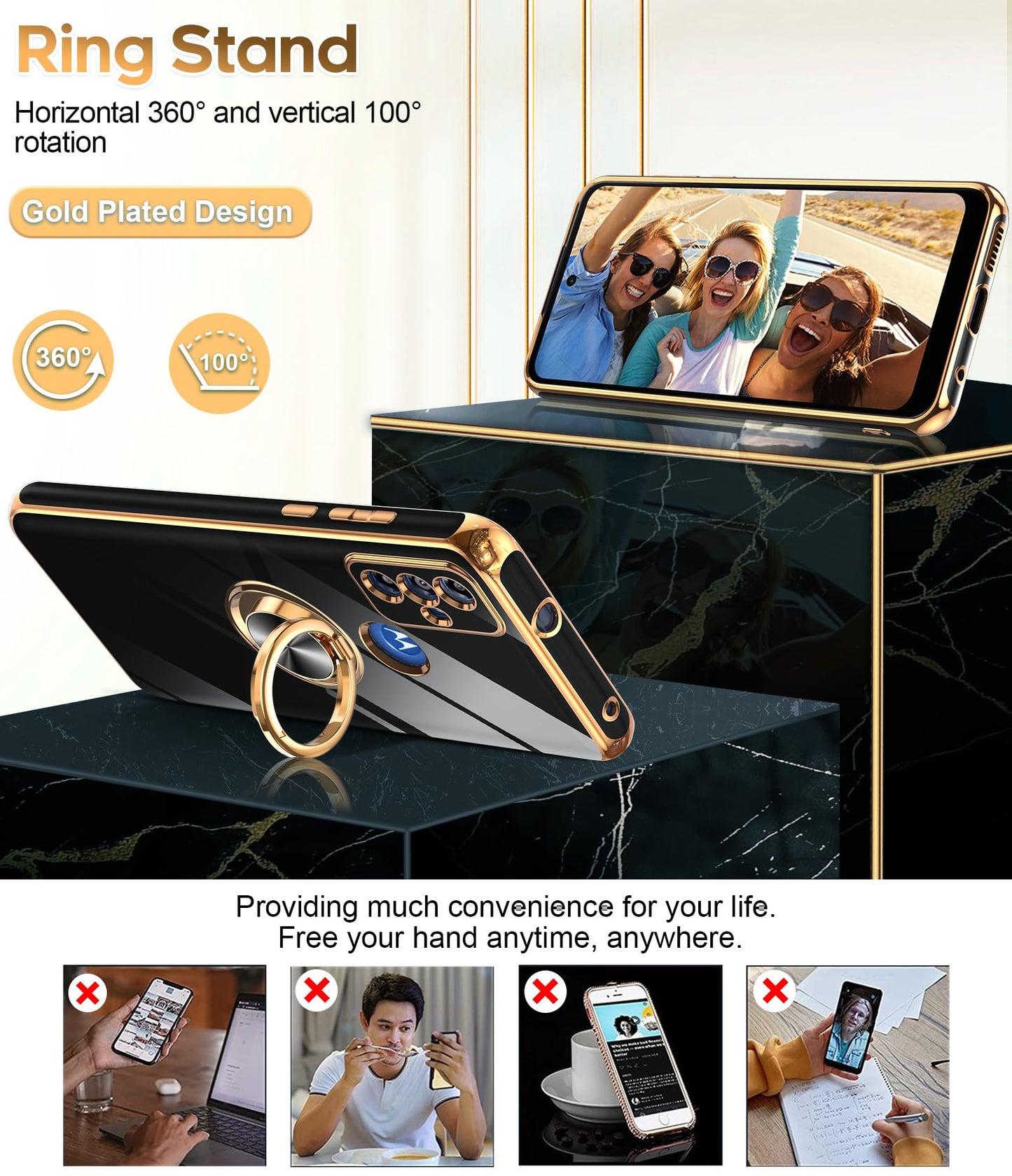 Leyi For Moto G Play 2023 Phone Case: With Tempered Glass Screen Protector [2 Pack] 360 Rotatable Ring Holder Magnetic Kickstand