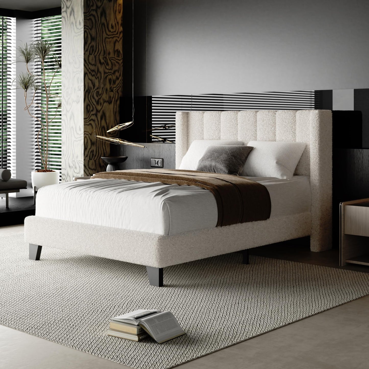 Full Bed Frame with Headboard Upholstered Platform Bed Frame with Teddy Velvet Headboard, Wooden Slats Support/Wing Edge Design/No Box Spring Needed/Easy Assembly, Beige Full