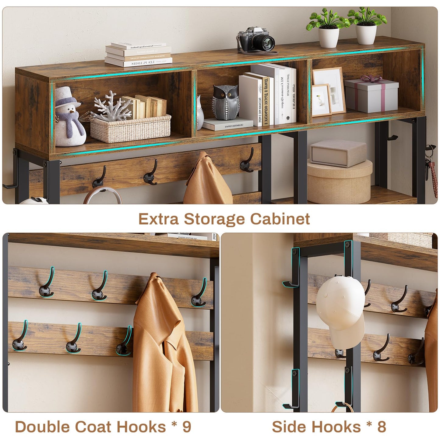 Itaar Hall Tree with Bench and Shoe Storage, 7-in-1 Entryway Bench with Coat Rack, 3 Storage Cubbies, 3 Storage Shelves, 17 Coat Hooks, 2 Fabric Drawers (Rustic Brown)