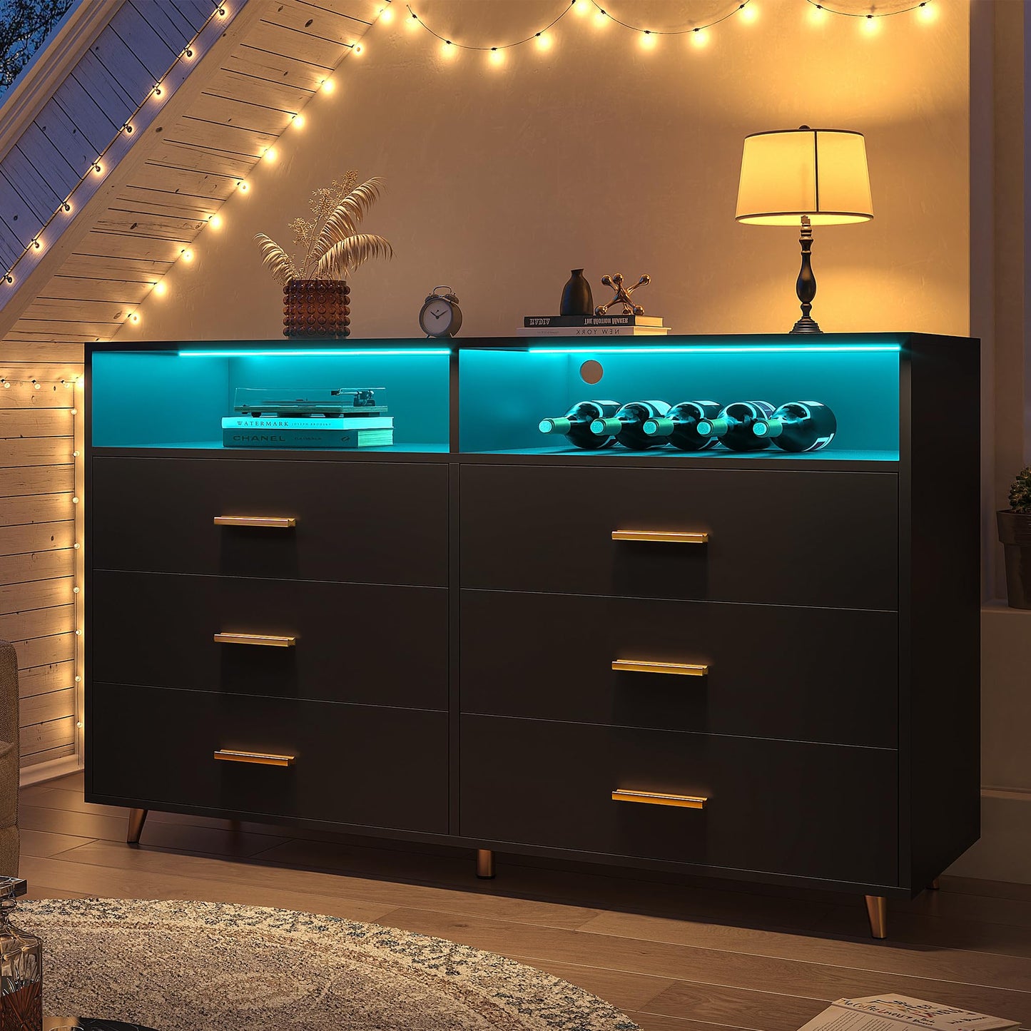 Black Dresser with LED Lights, Wood Dresser for Bedroom with 6 Wide Large Drawers,2 Open Shelves Top, Elegant Chest of Drawers for Clothes Storage Living Room Hallway Entryway, 47.2" W