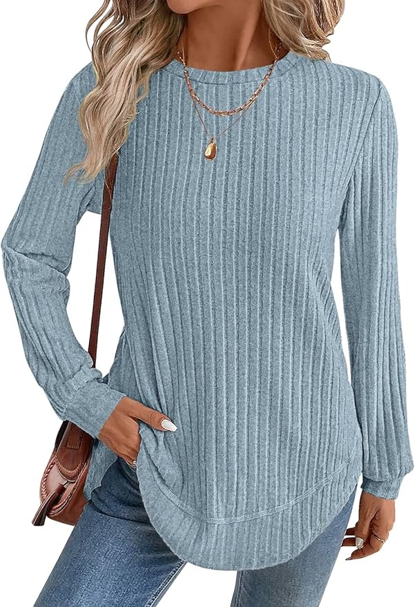 JUSTFASHIONNOW Womens Long Sleeve Shirts Trendy Sweaters Lightweight 2025 Casual Crewneck Fall Tunic Tops Loose Fit Dressy