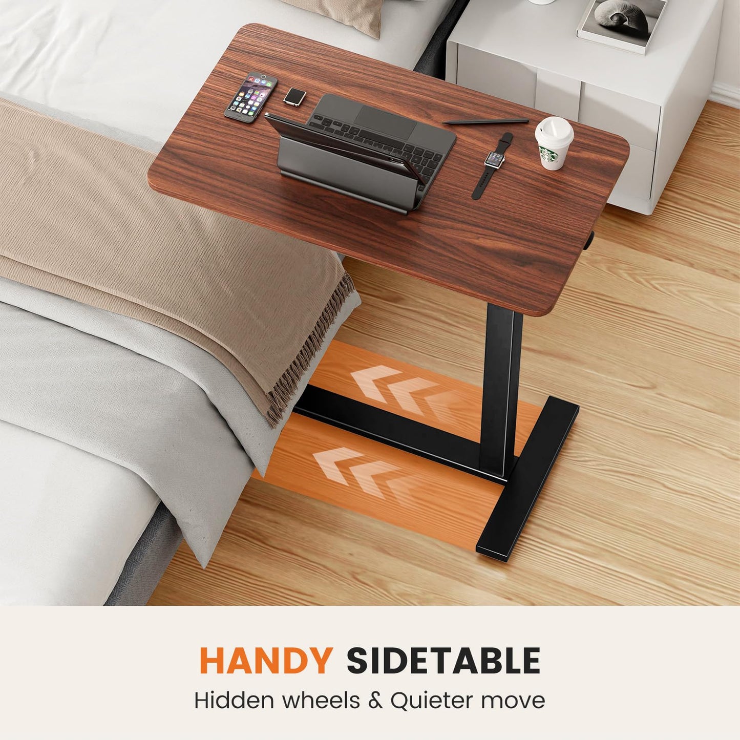 Elevon Overbed Bedside Table with Wheels, Adjustable Hospital & Home Use Bed Table, Rolling Laptop Table, Mobile Standing Desk