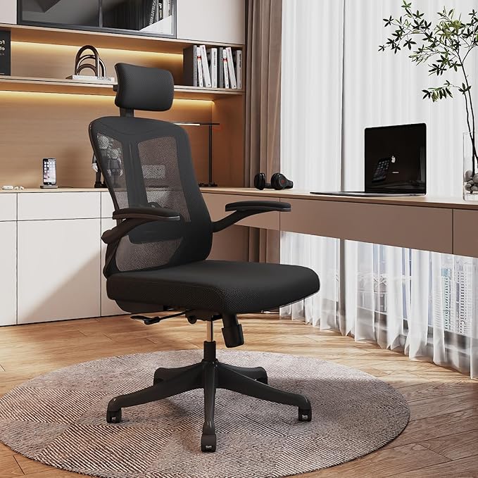 balmstar Office Chair,Ergonomic Comfy Home Desk Chair with 350LBS Capacity,High Back Gaming Chair with Wheels,Mesh Computer Chair,Lumbar Support, Adjustable Headrest,Flip-up Armrest (A-All Black)