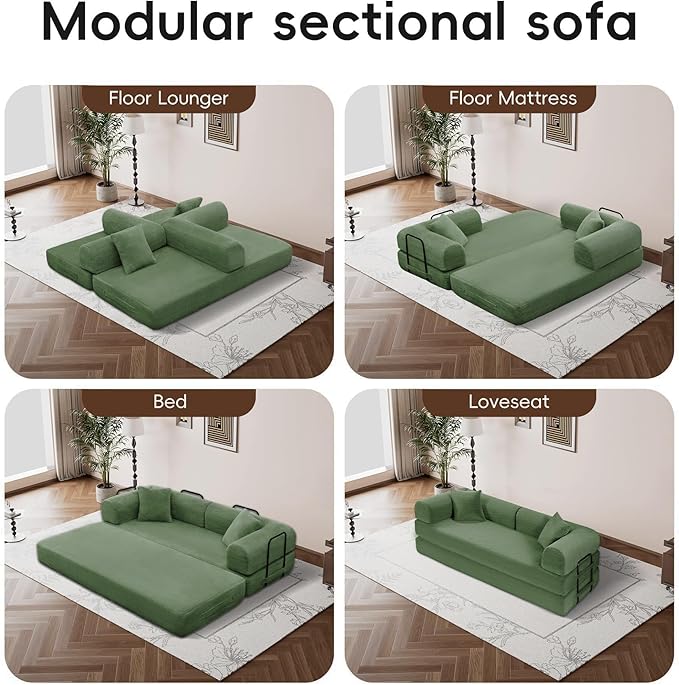 ZQRhome 79" 5-in-1 Convertible Sofa Bed, Premium Sleeper with Reinforced Frame & Plush Corduroy, No Assembly Modular Couch for Lounge, Guest Room & Small Space, Olive Green