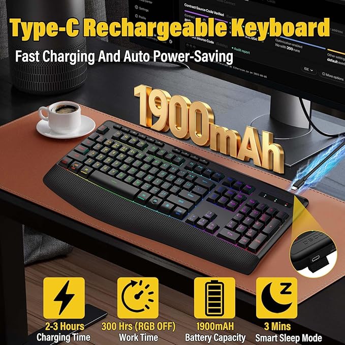 Premium Wireless Bluethooth Versatile Keyboard,8 RGB Backlit light up,Silent Touch Less Noise 95%,Ergonomic Wrist Rest,Wired Rechargeable,Tri-mode BT5.0/2.4GHz/USB C,Ideal For Gaming/PC Computer/Mac