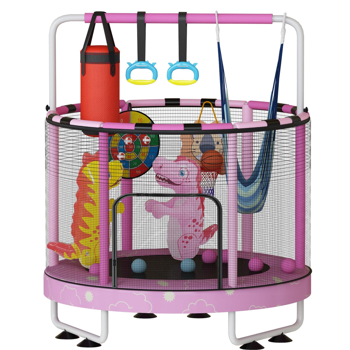 Lamerge 55" 7-in-1 Toddlers Trampoline for Kids, Upgrade Mini Trampoline with Safety Net, Indoor＆Outdoor Toy for Kids 3-8, 500lbs Capacity Trampoline for Boys & Girls, Adjustable Height – Pink Cloud