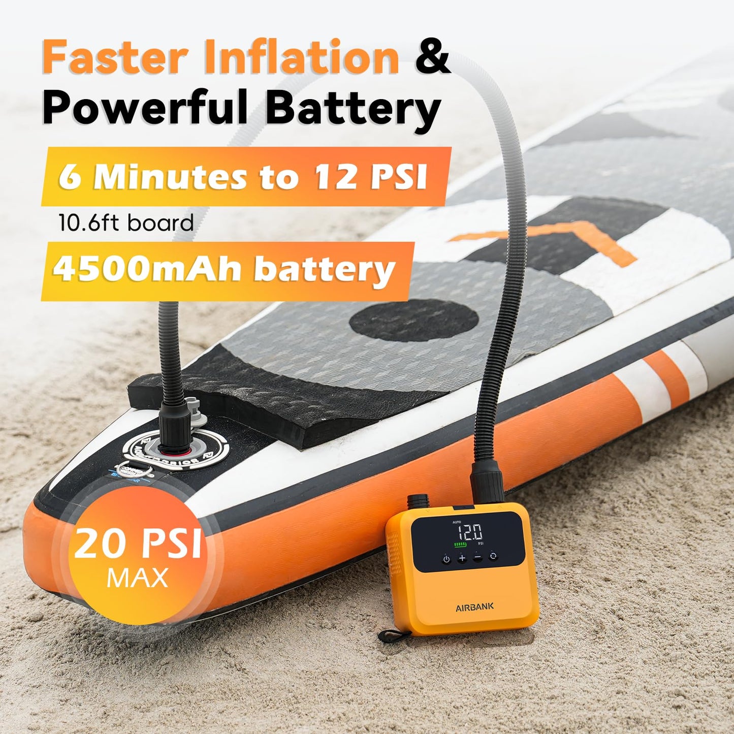 AIRBANK Mini Paddle Board Pump Pulse Pro, Small Rechargeable SUP Pump Electric Portable, Brushless Motor, MAX 20PSI, Fast Inflation Air Pump for Kayak, Inflatables, Boats, Tent, Kite Wings (Orange)