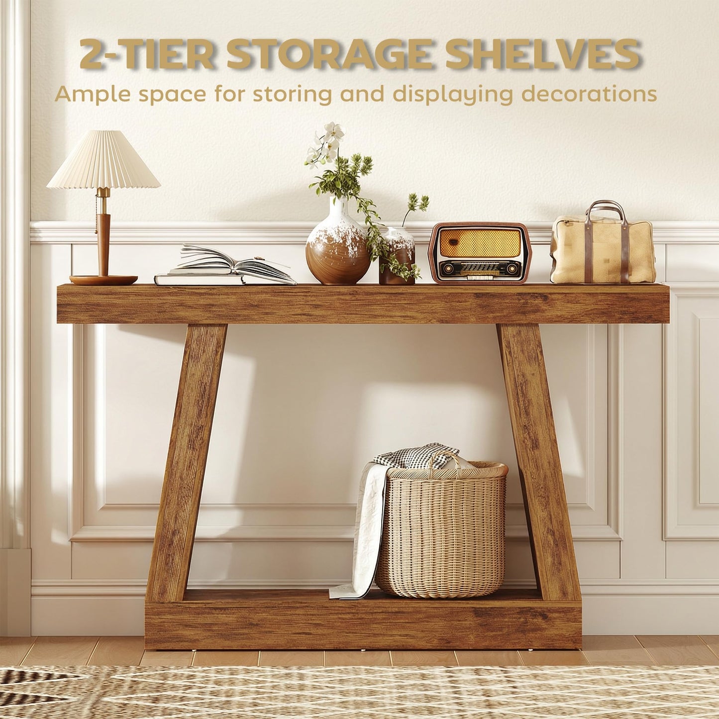 HOMCOM 55.1" Entryway Table, 2-Tier Farmhouse Console Table with Thickened Tabletop, Storage Shelf and Trapezoidal Base for Entryway, Behind Couch Sofa, Living Room, Hallway, Entrance, Rustic Brown