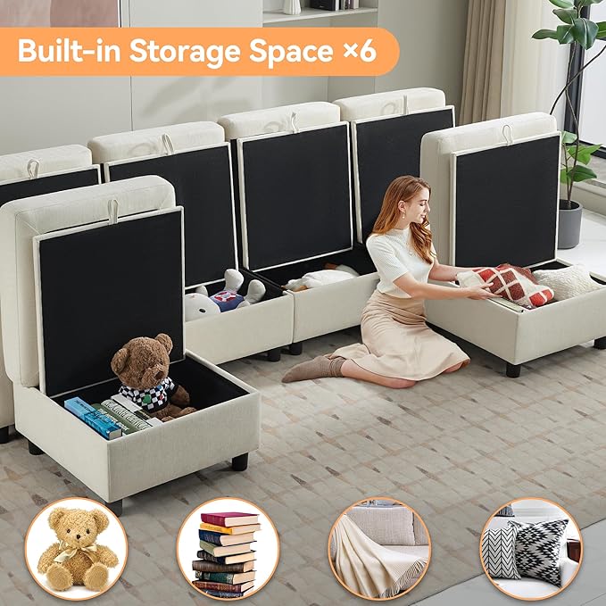 WUTUTUEE 107”Modular Sectional Sofa Convertible U Shaped Sofa Couch Set with Storage for Living Room, Modern 6 Seater Modular Sectional Couch with Movable Ottoman, Chenille(Beige)