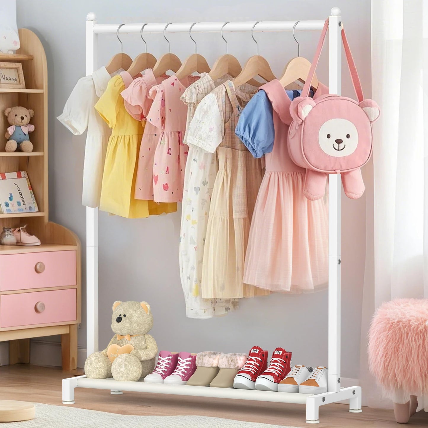 Livilord Kids Clothing Rack with Bottom Storage Shelf, Metal Clothes Rack for Kids Dress Up Storage, Freestanding Dance Costume Garment Rack for Hanging Clothes, White