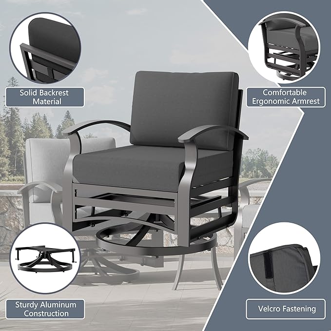 RTDTD Aluminum Outdoor Patio Furniture Set,7 Seats Patio Conversation Sets with Rectangular Coffee Table,Metal Patio Sectional Furniture Set with 2 Swivel Rocking Chairs,Black