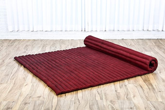 Leewadee - Foldable Floor Mattress - Japanese Roll Up Futon -Trifold Tatami Mat- Guest Floor Bed - Camping Mattress - Thai Massage Mat, Kapok Filled, 75 x 57 inches, Red