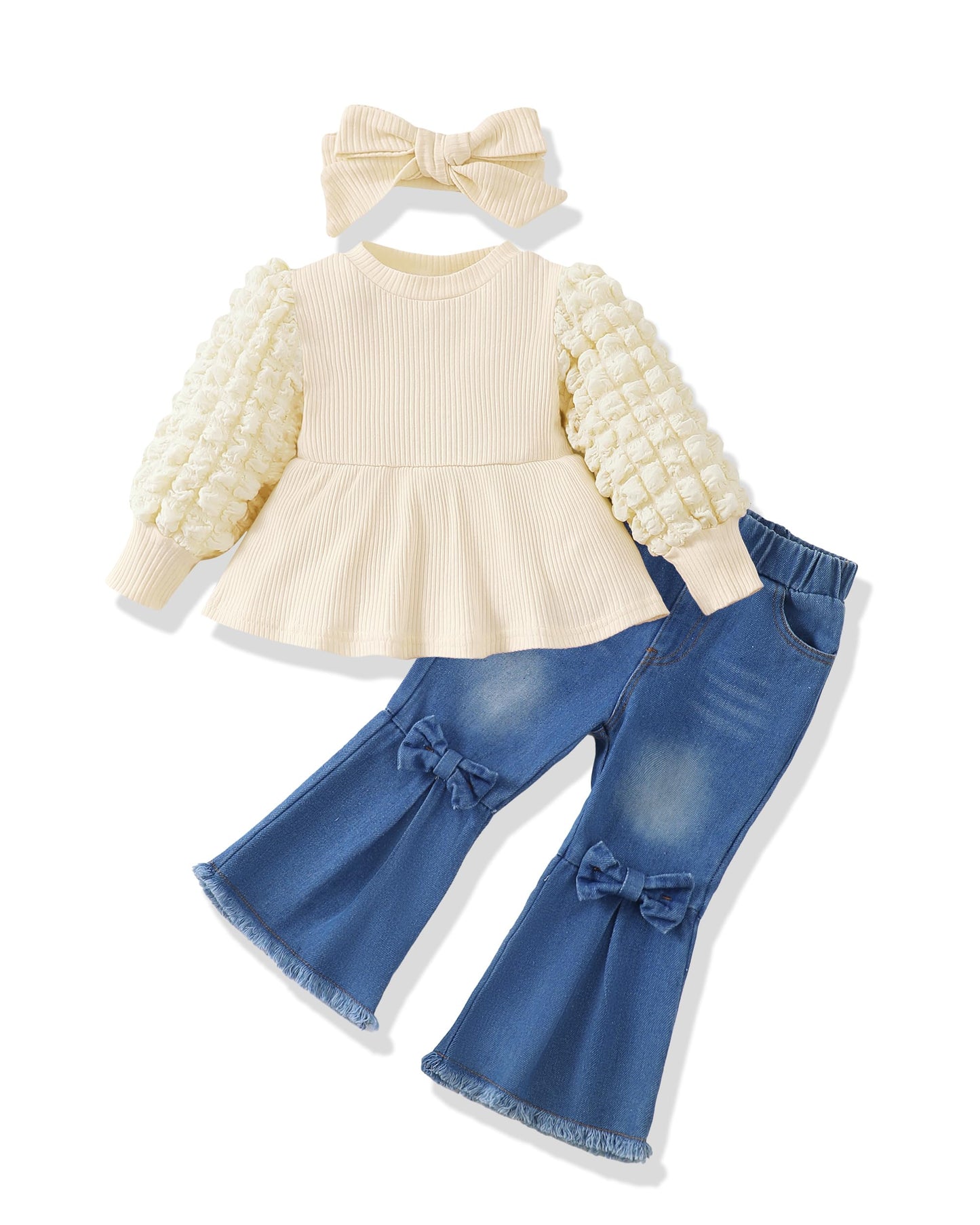 Renotemy Infant Baby Girl Clothes 12-18 Months Fall Winter Outfit for 1 Year Old Girl Gifts Puff Bubble Sleeve Knit Peplum Sweatshirt Flare Bell Bottom Jeans Matching Outfits Clothing Set Cream Yellow