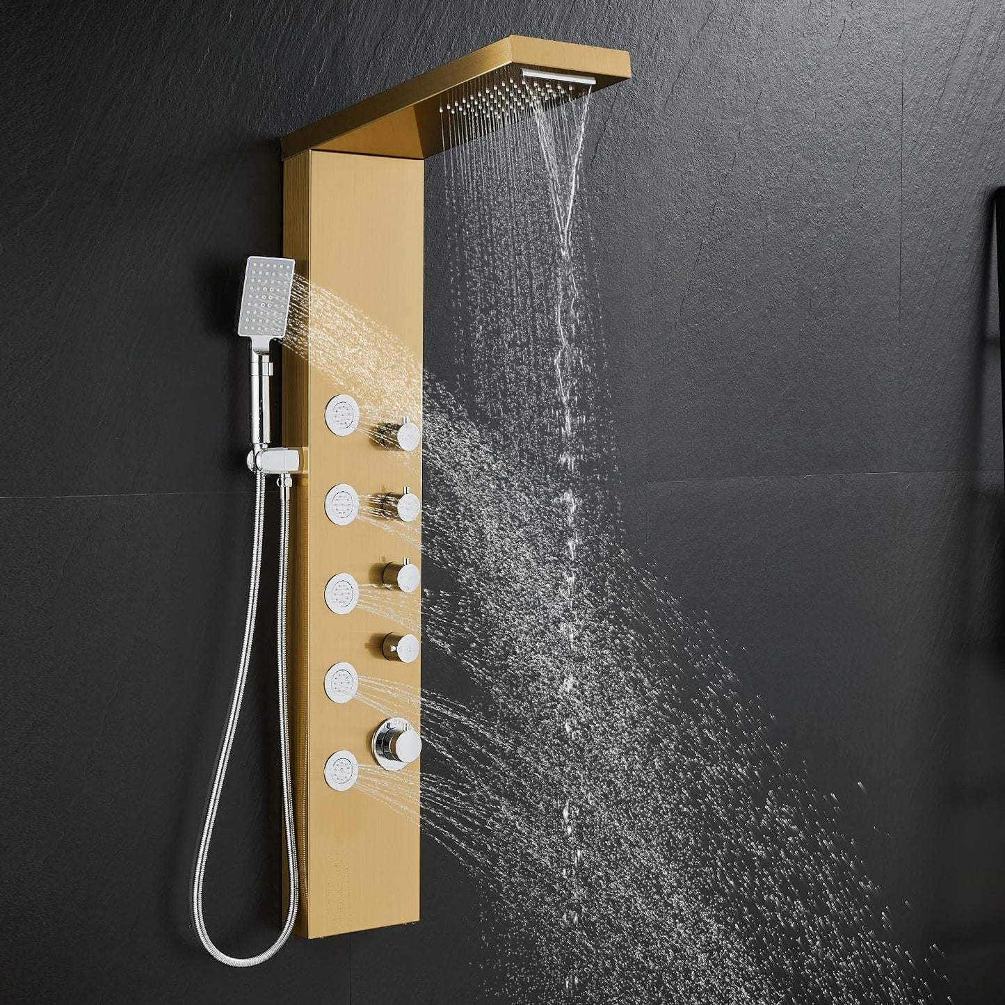 OUGOO Shower Panel Tower System with Rainfall & Waterfall Shower, 5 Body Jets, 3-Function Handheld, 304 Stainless Steel Shower Tower Column, Gold