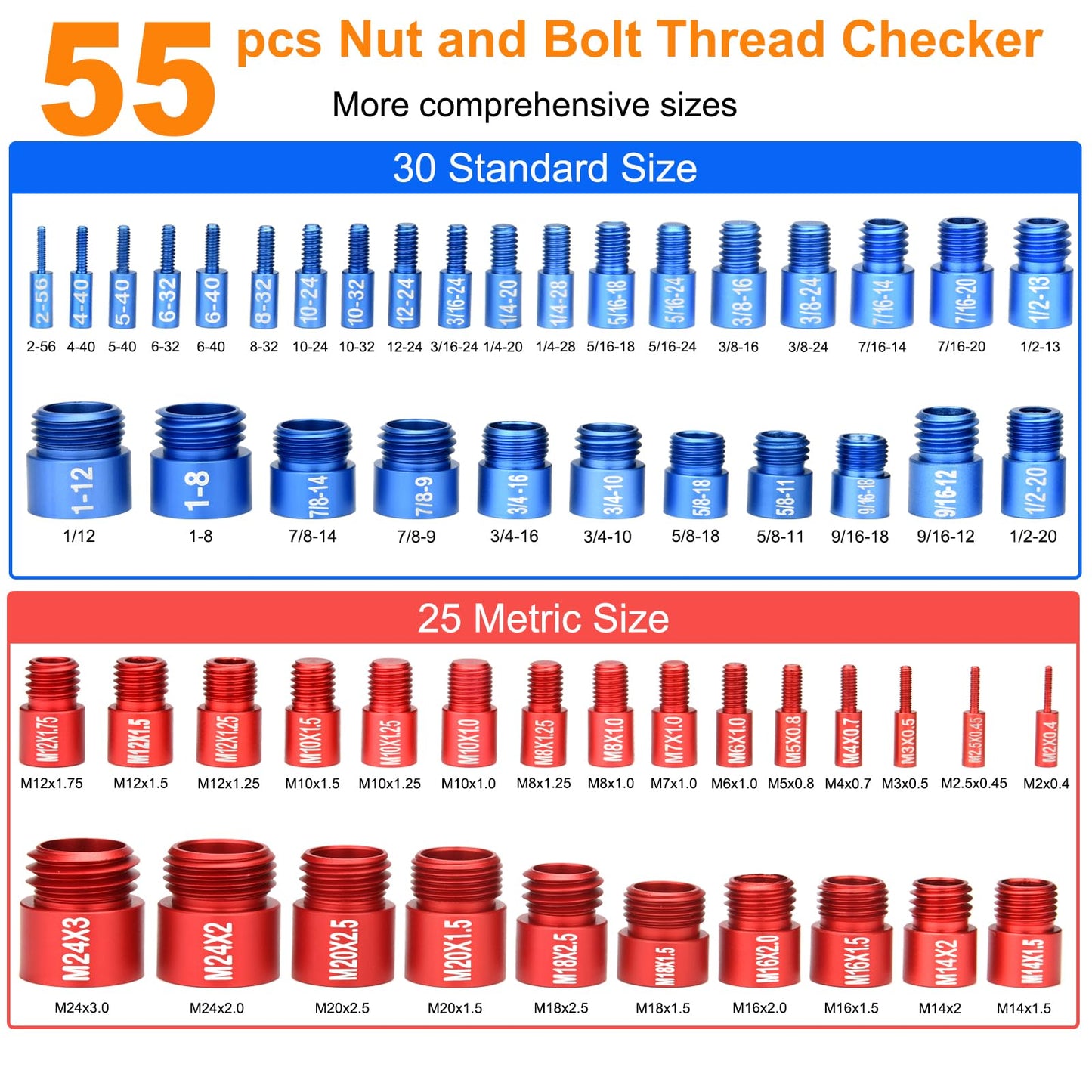 55 Pcs Nut and Bolt Thread Checker (25 Metric & 30 Standard), Bolts and Nut Identifier Thread Gauge, Detachable Bolt Size Finder Especially for Tight Spaces