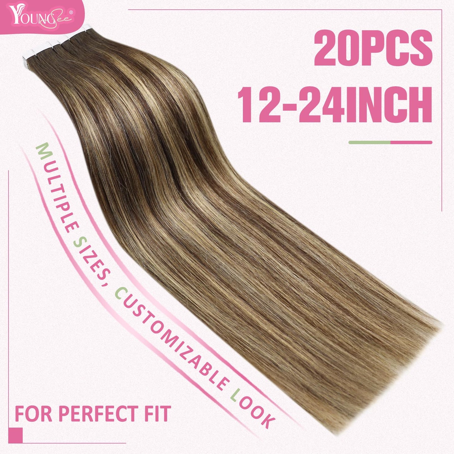 YoungSee Invisible Tape in Hair Extensions Brown Balayage Tape in Extensions Ombre Dark Brown to Blonde with Dark Brown Tape on