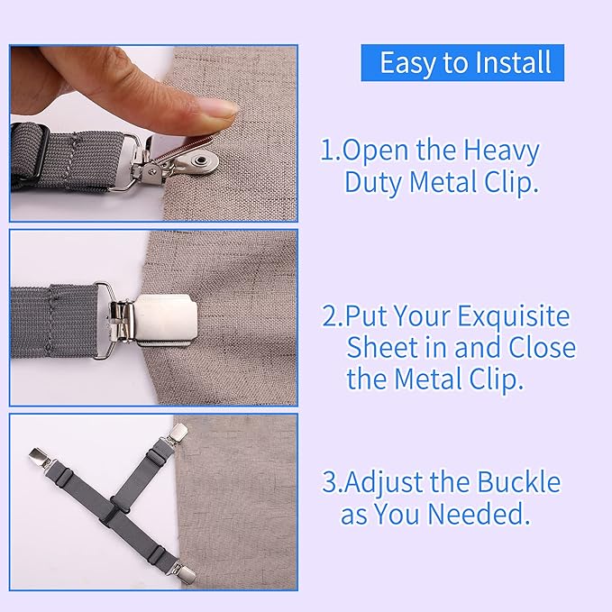 MENDENG Bed Sheet Holder Garters Bed Suspenders Sheet Stays Sheet Clips for Bedding Bed Clips for Sheets Grey Sheet Suspenders Queen 4P