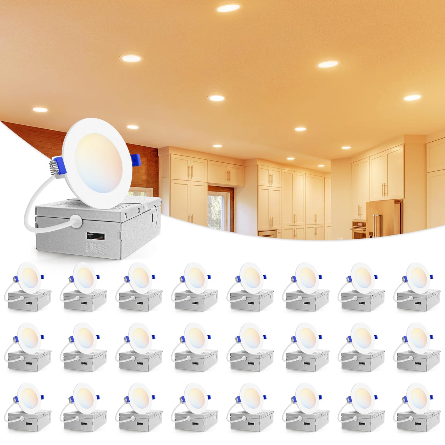 VOLISUN 24 Pack 3 inch Recessed Lighting, 5CCT LED Recessed Light with Junction Box, 2700K-5000K Selectable, Dimmable Canless Wafer Downlight, LED Ceiling Light ETL Certificated