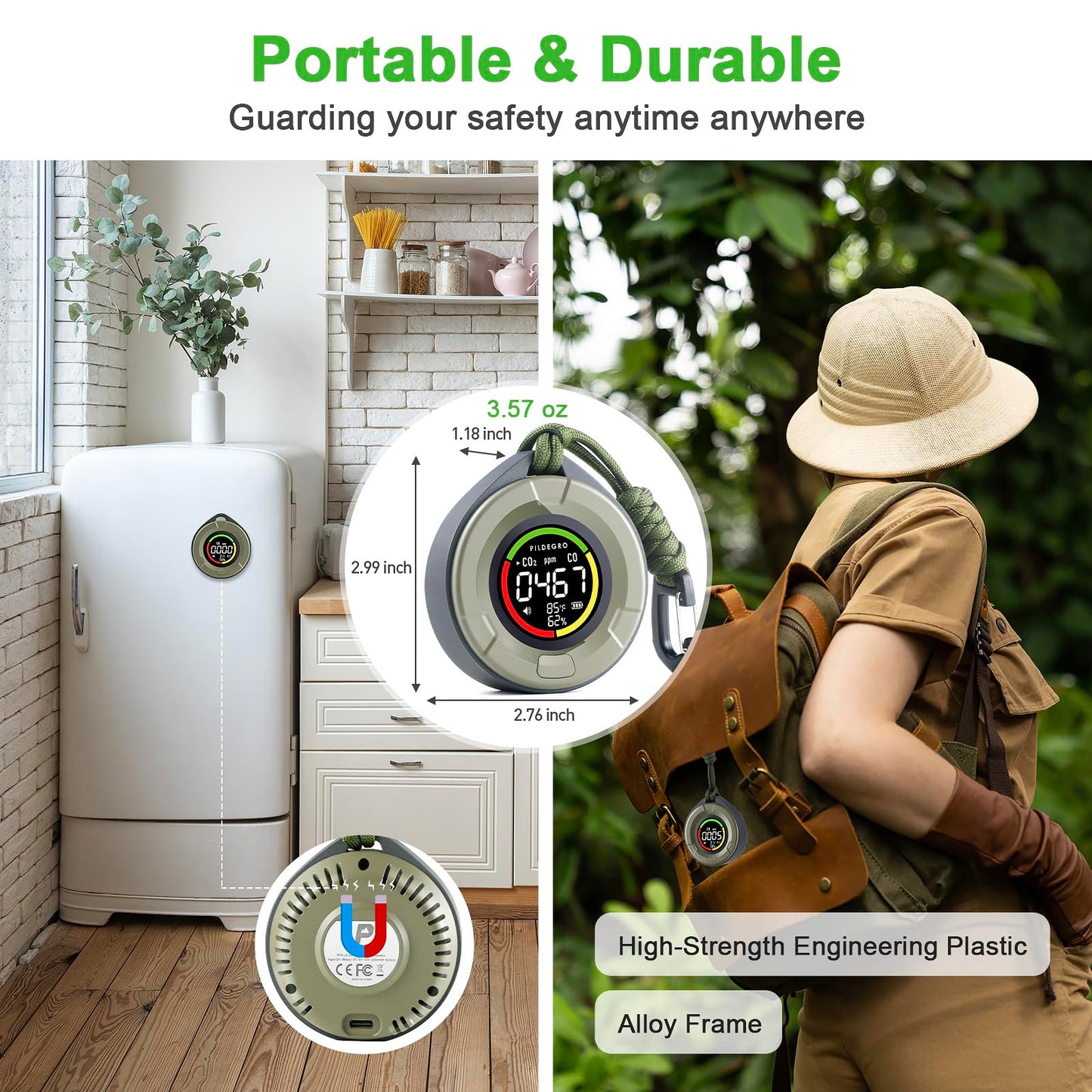 Pildegro 4-in-1 Portable Carbon Monoxide and Carbon Dioxide Detector, Upgraded Rechargeable Travel CO & CO2 Monitor 3-Day Standby, Premium Real-Time CO & CO2 Alarm for Air Safety & Quality (Gray)