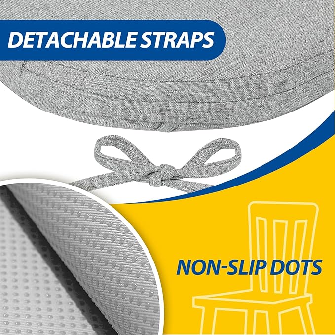 AAAAAcessories D-Shaped Chair Cushions, 2" Thick Dining Chair Pads with Ties and Removable, Machine-Washable Cover, 17" x 16", Set of 8, Light Gray