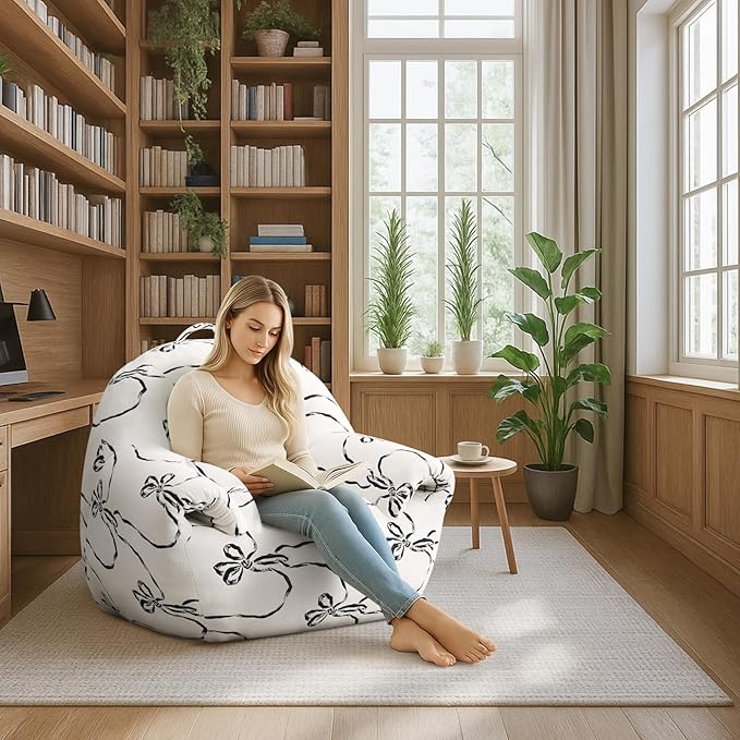 Peace nest Bean Bag Chair with Memory Foam Filled Ultra Soft Jacquard Pattern Cover for Adults Comfy Fur Bean Bag Chairs with Armrests for Bedroom Living Room Office Dorm Reading Flower