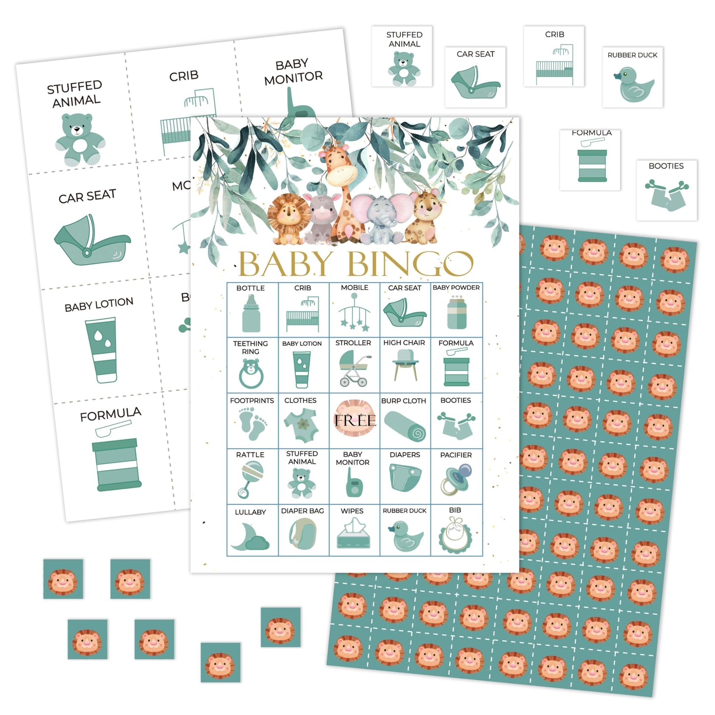 Safari Bingo Games Cards, Jungle Animals Bingo Game Set, Greenery Baby Shower Bingo Party Game, Gender Reveal Party Bingo Supplies for Adults, Baby Shower Party Decorations -04