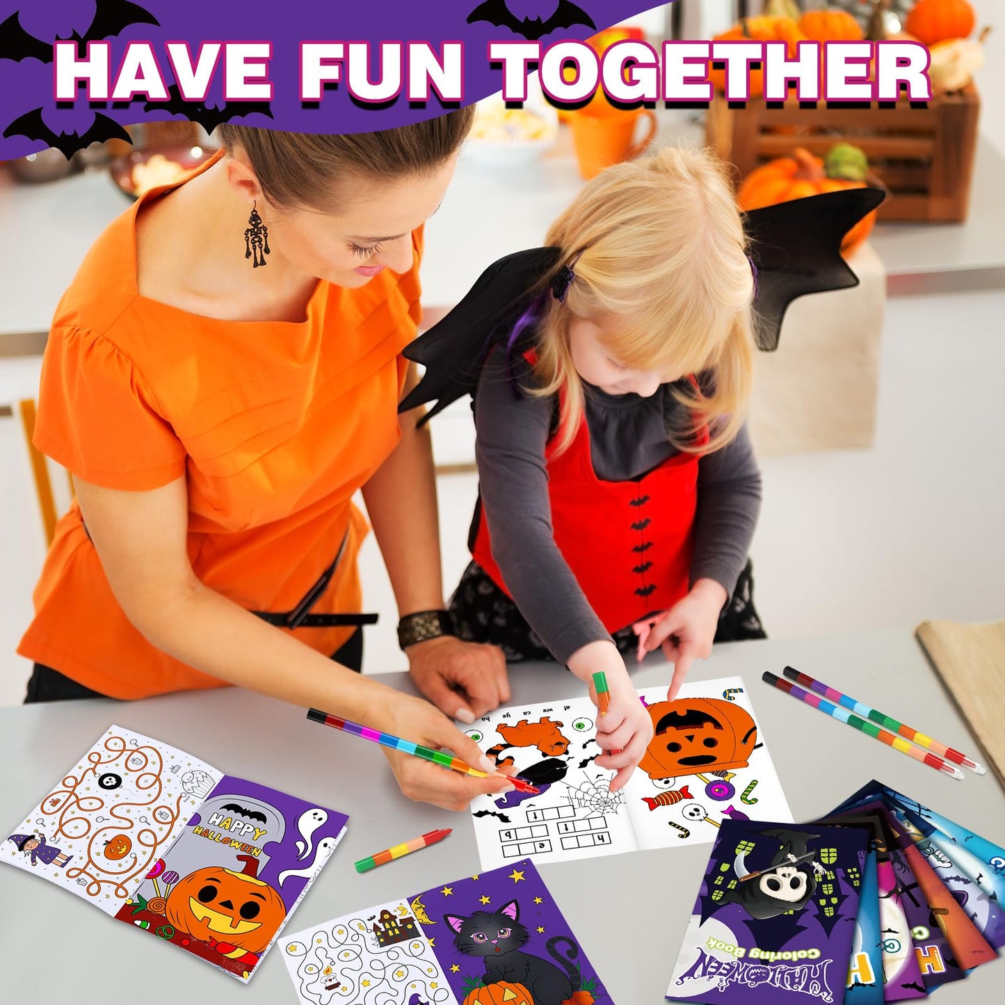 Fulmoon 144 Pcs Coloring Books with Crayons Include 72 Halloween Coloring Book 72 Stacking Crayons Mini Activity Books for Kids Party Favors Gifts Goodie Bags Stuffers School Classroom Travel
