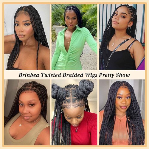 Brinbea 13x8'' HD Lace Front Knotless Braided Wigs for Women Short Box Braid Wig with Baby Hair Premium Synthetic Braided Lace Front Wigs Black 22 inch