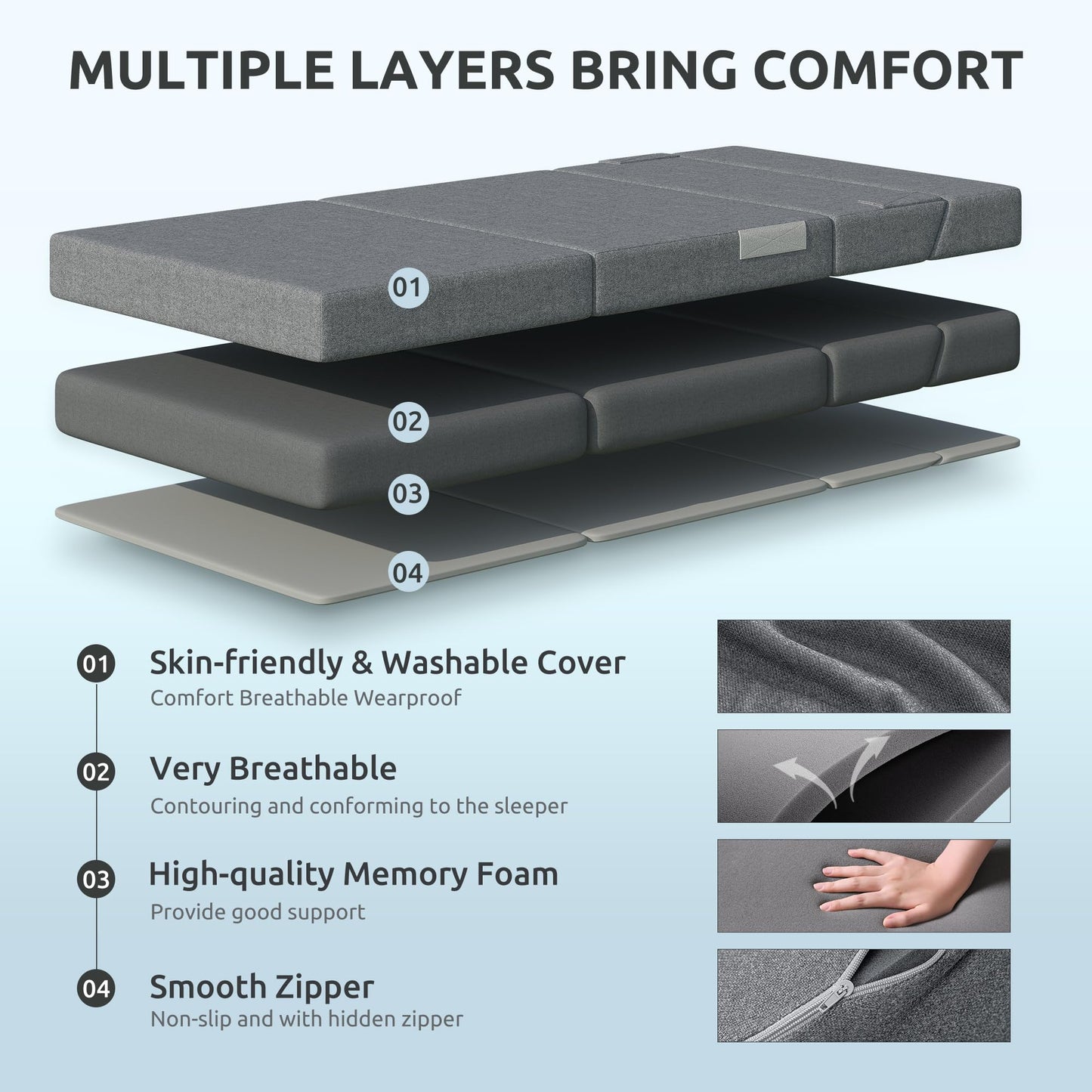 Youzi Folding Sofa Bed, Foldable Mattress for Bedroom and Living Room, 6 Inches Single Four-fold Floor Sofas for Guests, Sofa Bed Chair Floor Mattress with Washable Cover, Dark Gray, 75" x 25" x 6"