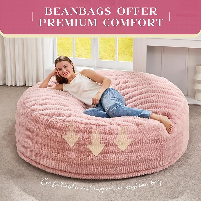 Hobestluk Bean Bag Chairs Beanbag Chair with Filler Adult Bean Bags with Fluffy Ripple Cover, Giant Bean Bag Chairs for Adults (Pink, 6FT - 70" x 70" x 15")