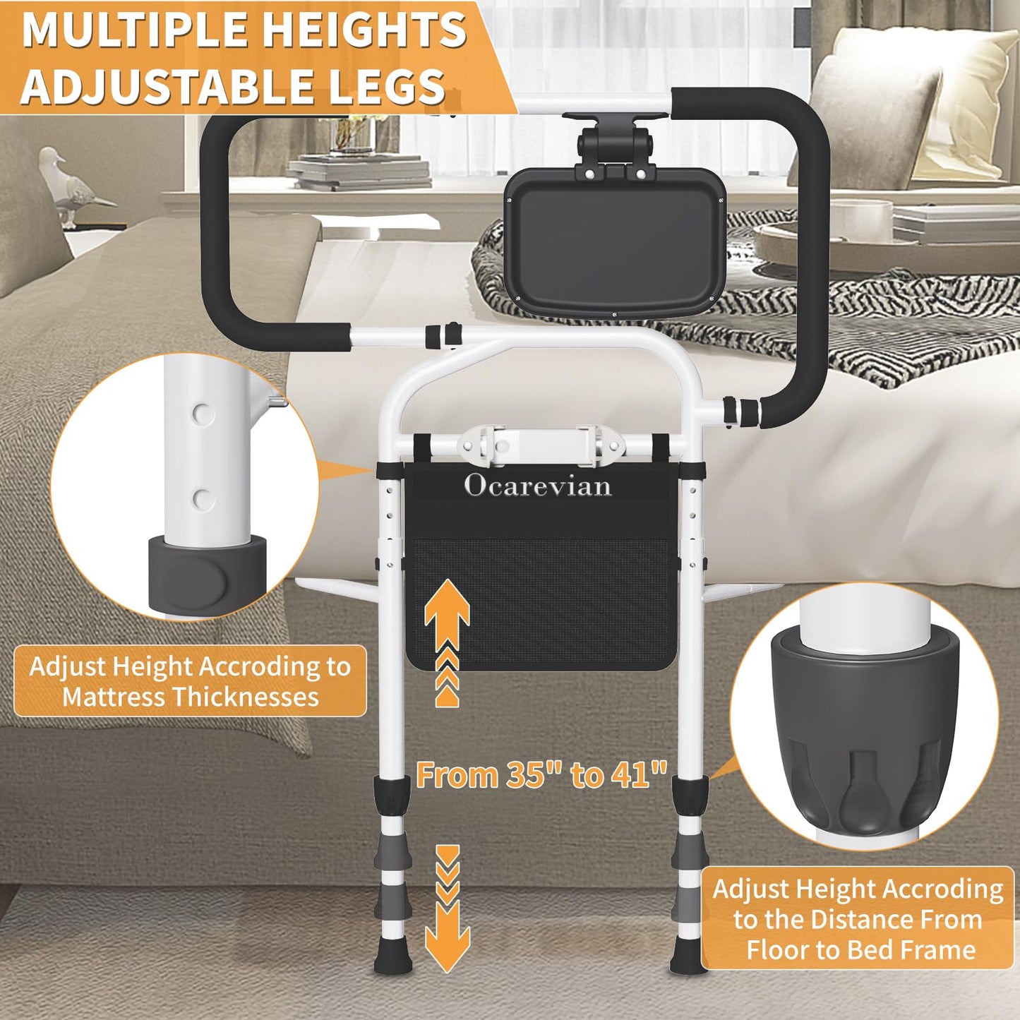 Ocarevian Bed Rails for Elderly Adults Safety, Adjustable Bed Cane for Seniors, Extendable Assist Handle with Side Table, LED Light & Carry Bag, Fits Queen, King, Twin Mattresses (Black + White)