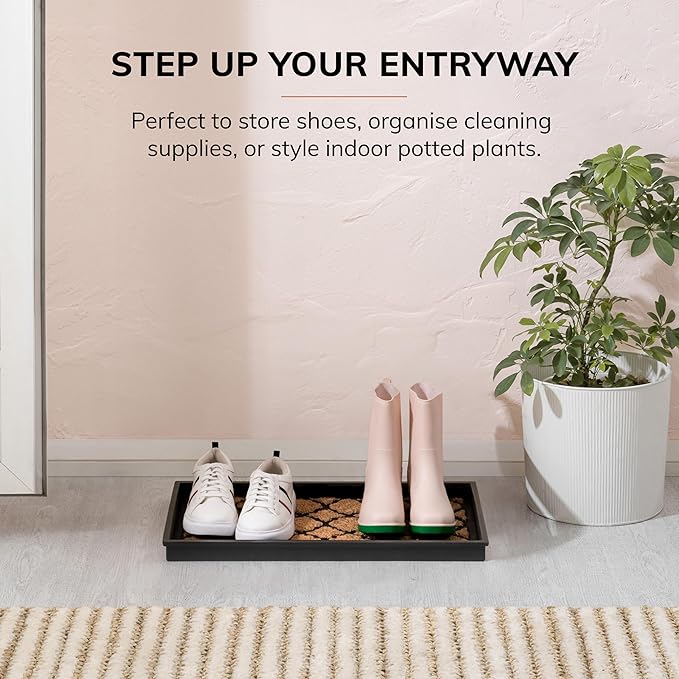 Anji Mountain Heavy Duty Waterproof Rubber Shoe Storage Mat Organizer/Boot Storage Tray Multi Use for Entryway with Coir, Tan Insert, Fits 2 Pair (24.5" Wide)