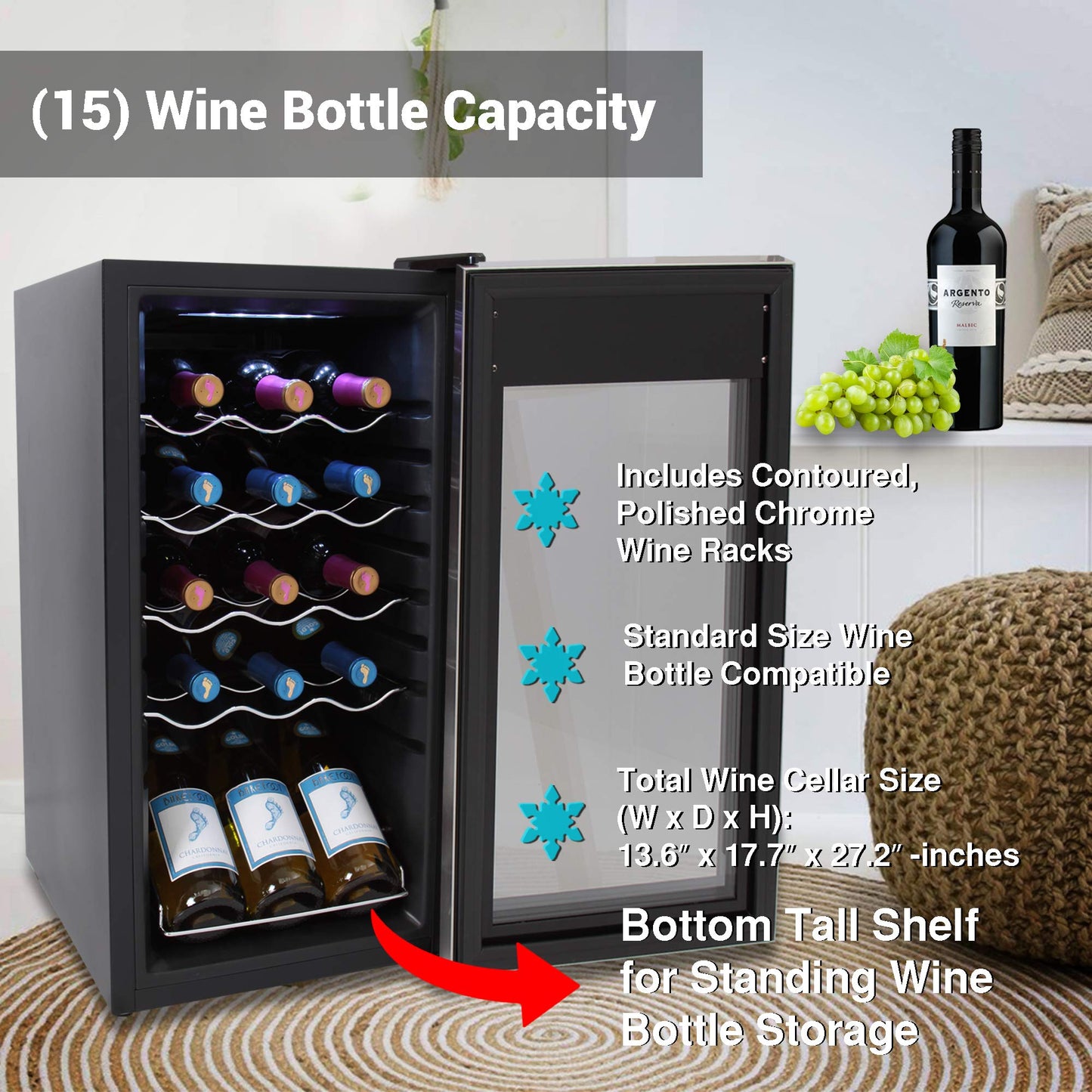 Nutrichef 15 Bottle Wine Fridge Red and White Wine Chiller Adjustable Temp Control 41°F to 64°F Ultra Quiet Operation Mini Wine Cooler Built for Home, Office, Kitchen Counter, 27x13x17 IN