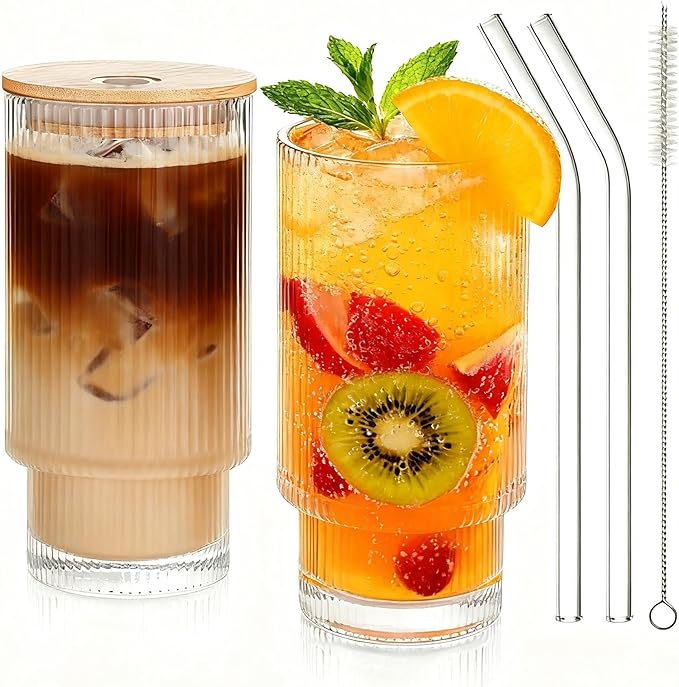Salpae 2 Pack Glass Cups with Lids and Straws, 16oz Ribbed Drinking Glasses Tumblers Durable Drinkware Water Glasses Cup I...