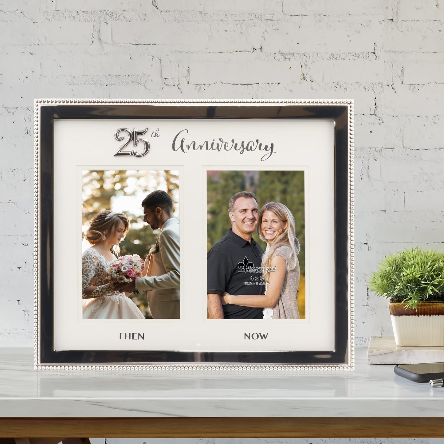 Lawrence Frames 4x6 Double Silver Beaded Metal 25th Anniversary Picture Frame, Then and Now