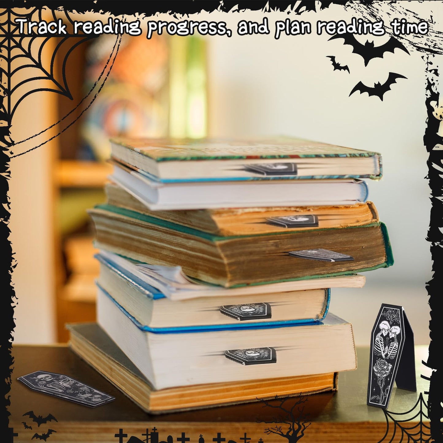 Clabby 48 Pcs 12 Style Mini Size Gothic Skeleton Coffin Magnet Bookmarks with Magnet Halloween Gothic Book Marker Holiday Gift for Book Lovers Bookworm Bookish