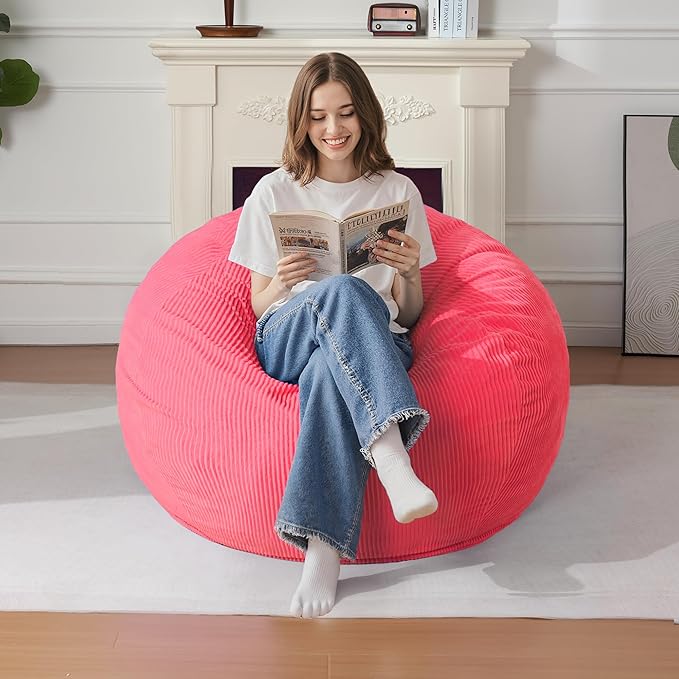 Homguava 3.5FT Bean Bag Chair: Teardrop Bean Bags with Memory Foam Filled, Compact Beanbag Chairs Soft Sofa with Corduroy Cover (Pink)