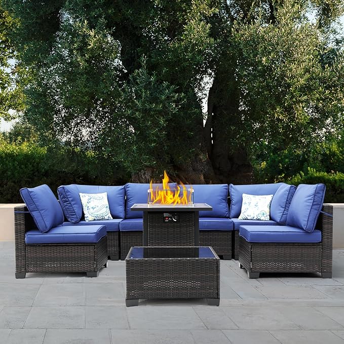3D MATRIX 8 Pieces Patio Furniture Set with 28" Fire Pit Table, Wicker Outdoor Sectional Couch, Rattan Conversation Set for Backyard, Deck, Garden Lawn, Brown/Blue