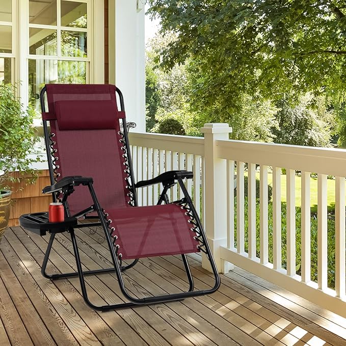 Tangkula Zero Gravity Chair, Folding Patio Lounge Chair Adjustable Outdoor Recliner with Cup Holder, Wide Armrest for Patio Garden Poolside Outdoor Yard Beach, Support 350 lbs (1, Wine)