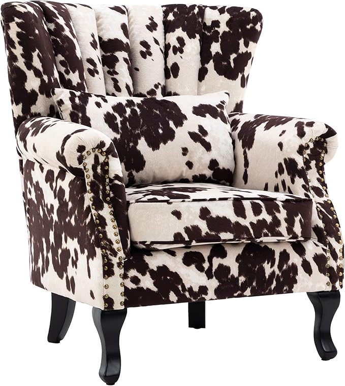 DM Furniture Cow Print Accent Chair Modern Velvet Armchair Tufted Wingback Club Chair Single Sofa Lounge Side Chair with Pillow for Living Room Bedroom, Cow