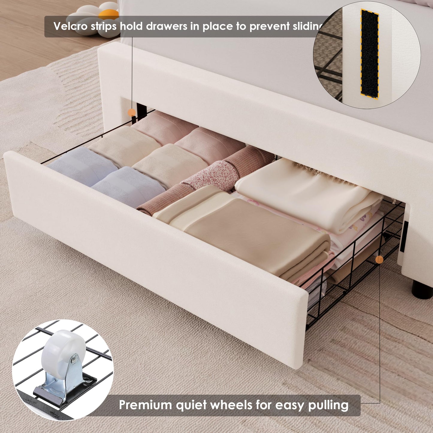 HIFIT Twin Upholstered Smart LED Bed Frame with Storage Drawer and Adjustable Chic Double Petal Headboard, Princess Platform Bed for Girls/Kids, Solid Wood Slats Support/No Box Spring Needed, Beige