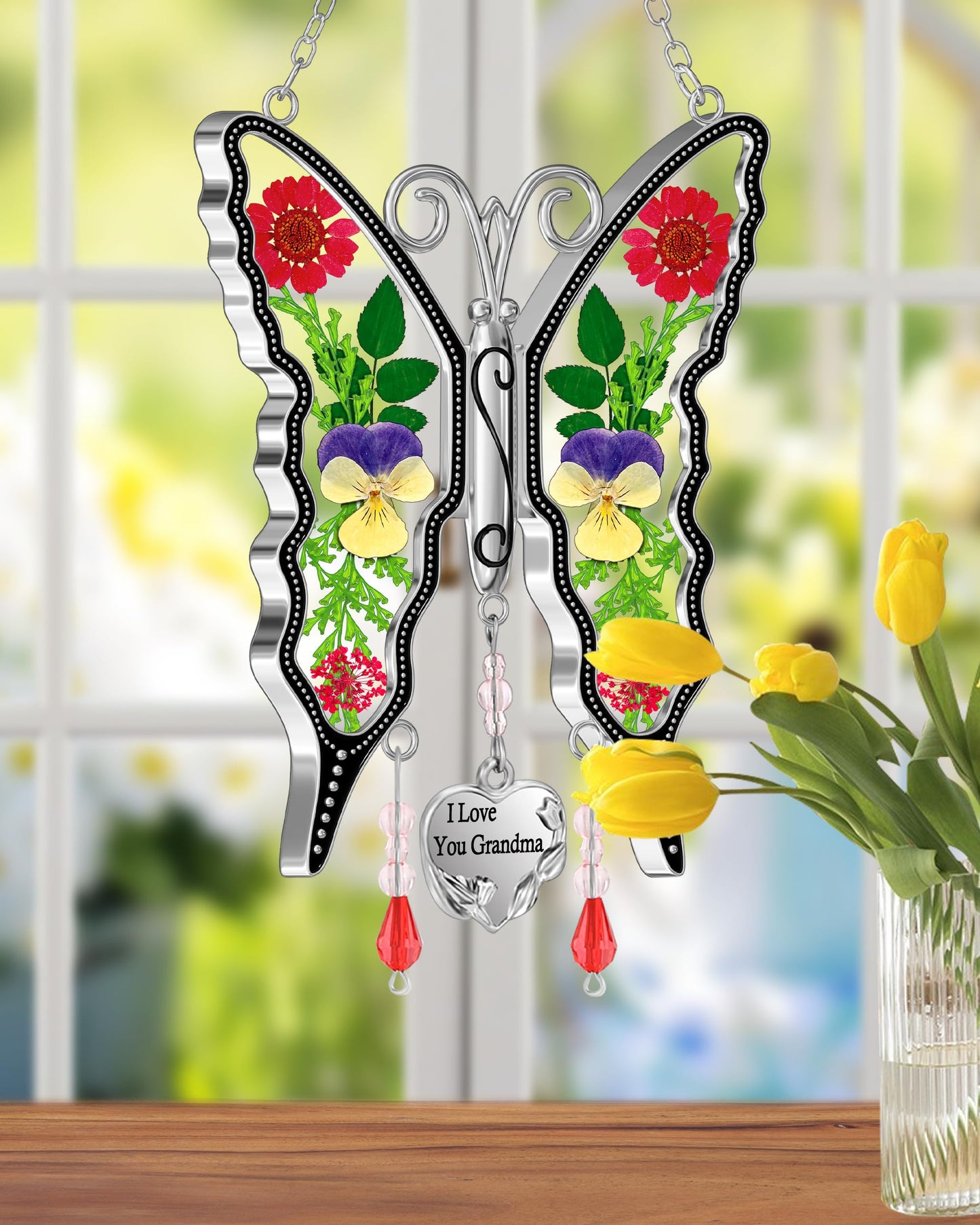 KY&BOSAM Gifts for Women I Love You Grandma Butterfly Suncatcher Stained Glass Suncatchers for Window Hanging Home Decor Garden Wind Chimes Birthday Gifts for Women Mothers Day Valentine's