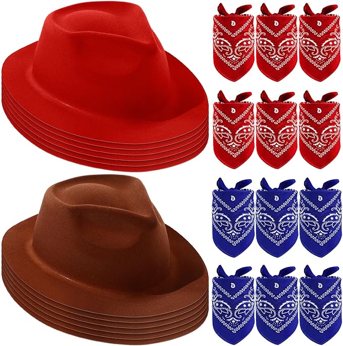 Haysandy 24 Pieces Western Cowboy Hat Set, Felt Cowboy Themed Party Hats with Paisley Bandanas for Kids Costume Party (Re...